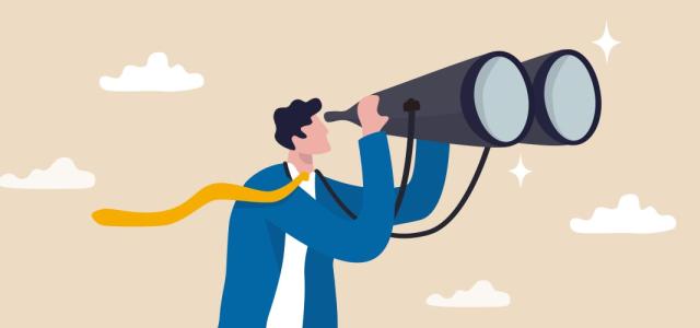 Digital art image of a business person looking through a large set of binoculars.